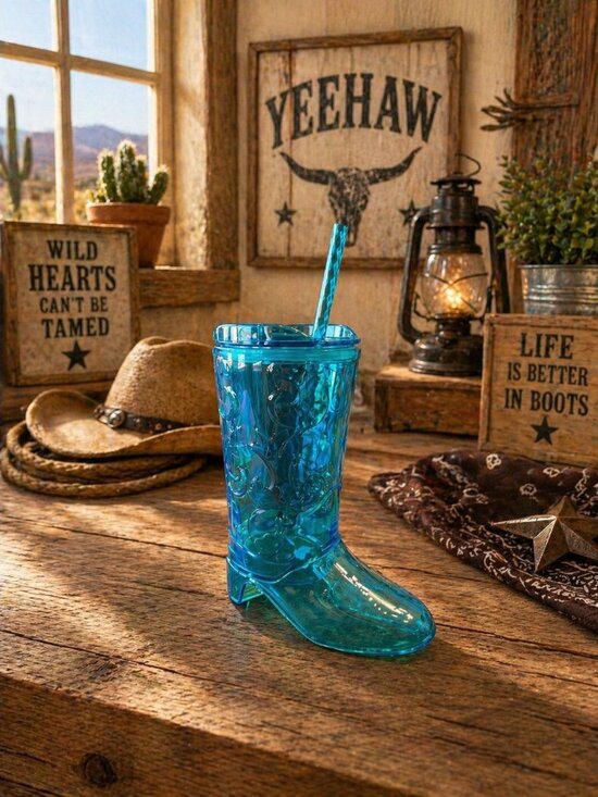 Other - New Blue Cowboy Boot Tumbler Cup w/ Straw Western Water Bottle Drink Cup